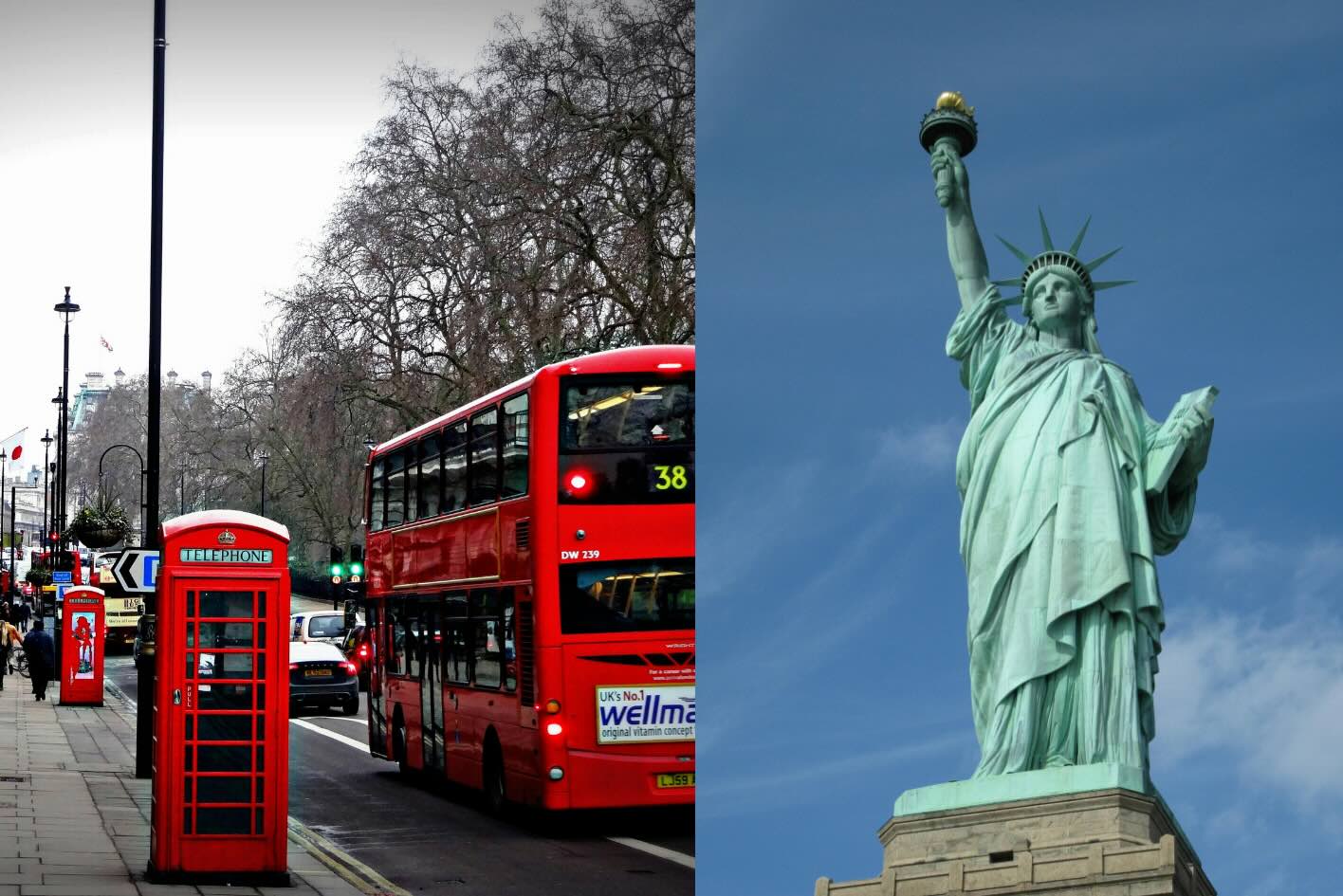 A photo showing a UK bus and the statue of Independence